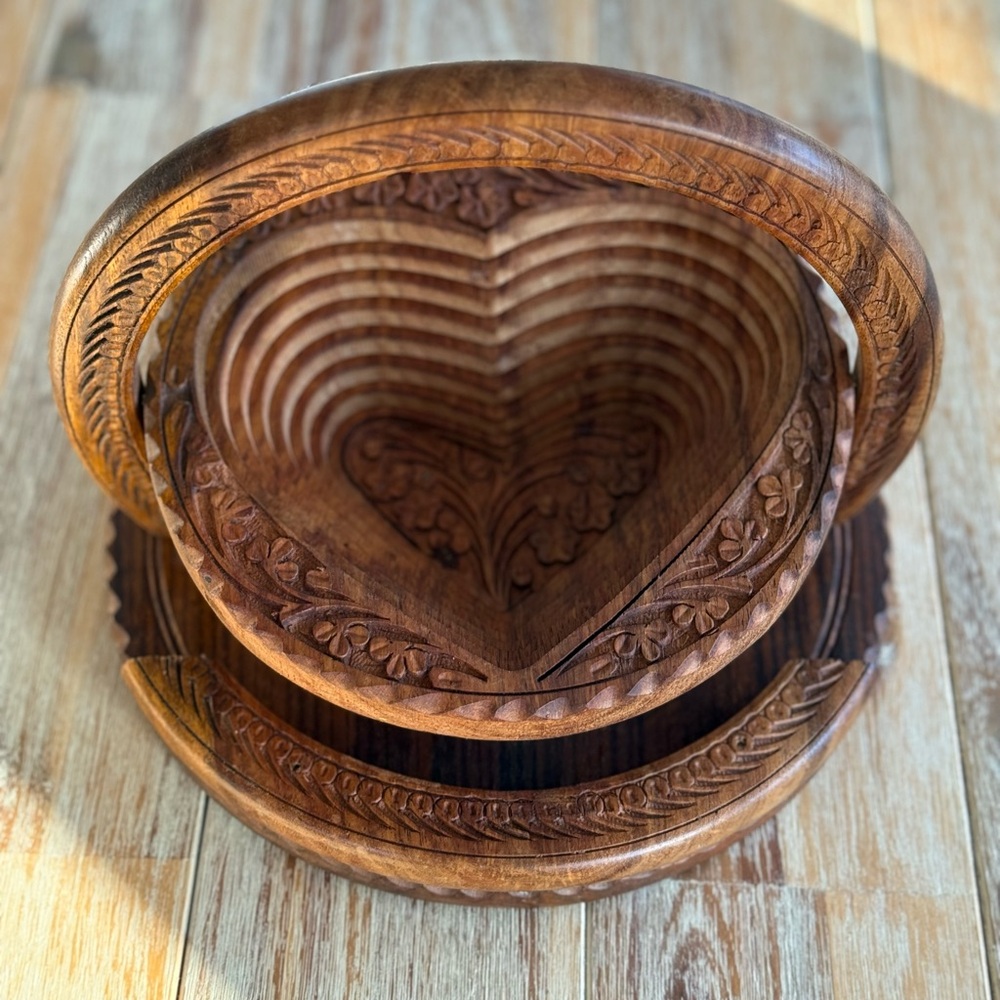 Vintage Handcrafted Wooden Basket with Heart Design Collapsible Trivet